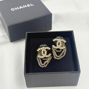 Chanel Gold Crystal CC Chain Dangle Earrings